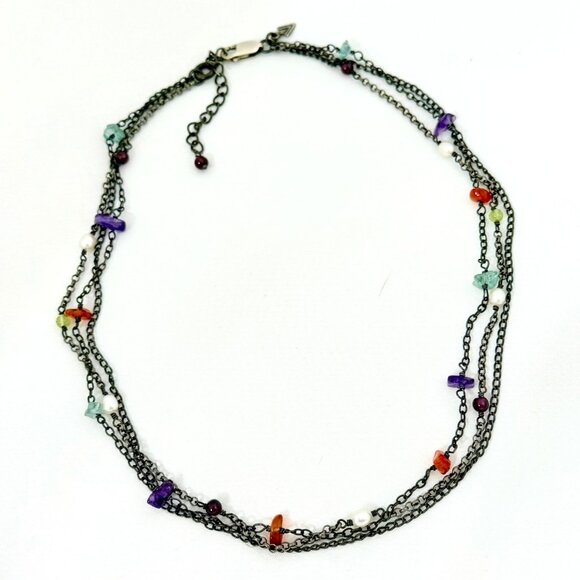 Vintage Silpada Three Strand Oxidized Sterling Necklace w/Pearls and Gemstones - Picture 3 of 5